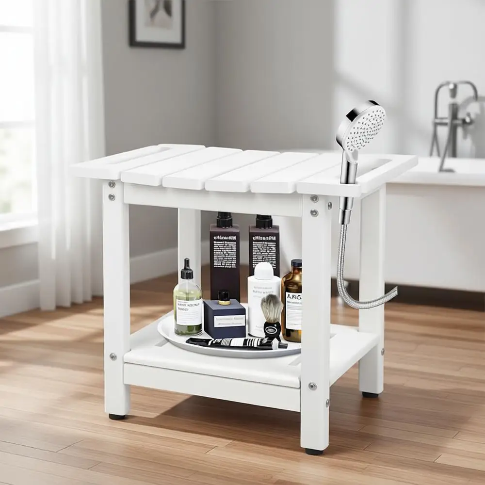 

Белая усиленная скамья для душа с нескользящими регулируемыми ножками и полкой для хранения