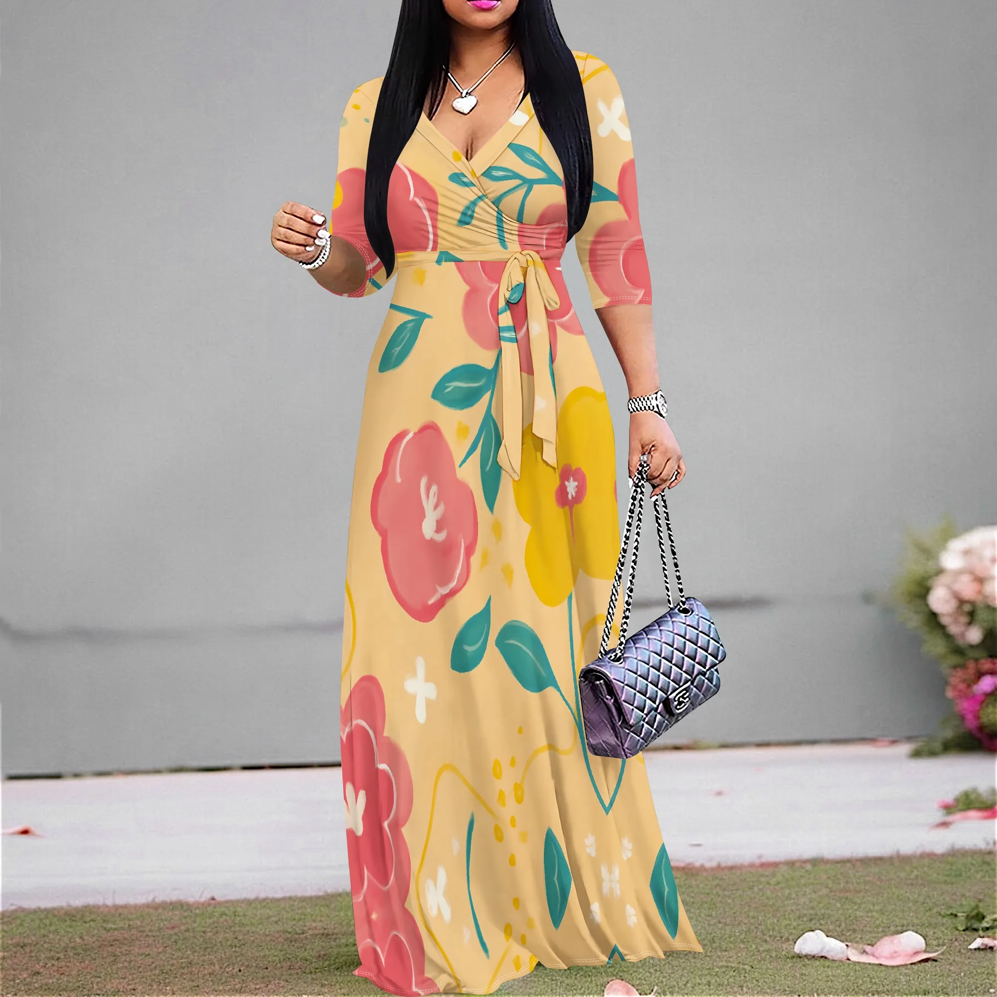 

S-3XL Floral Wrap Maxi Dress for Women V-Neck Yellow Print Style for Easter Brunch, Garden Party or Mother's Day Look