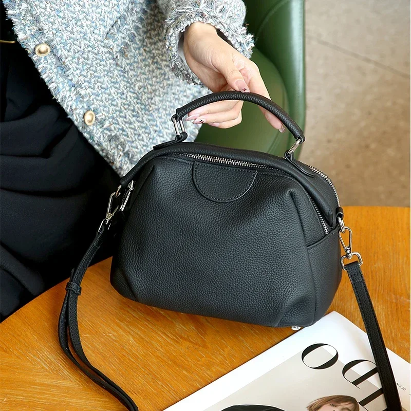 Natural Cowhide Leather Women Large Capacity Apple Shape Casual Shoulder Bag For Ladies Soft Versatile Crossbody Solid Color Bag