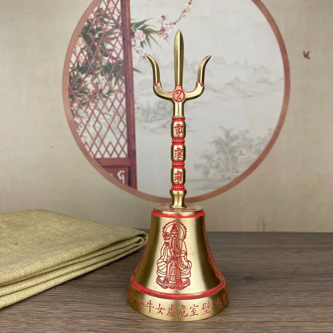 Metal Statue Copper cinnabar Sanqing Bell Taoism drives away evil spirits 7.8cm, height 20cm, weight 335g Vajra Dorje
