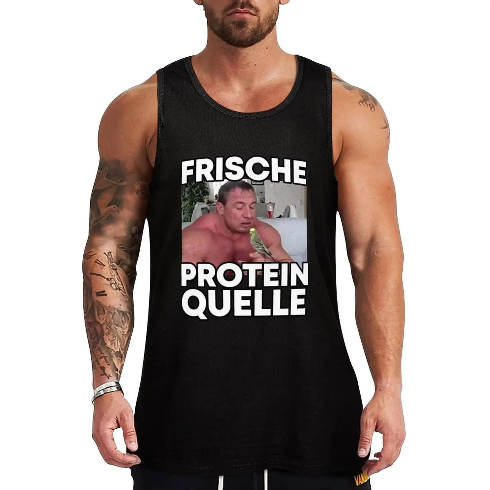 Camiseta sin mangas con estampado artístico de Markus Rühl Meme Frische Protein Quelle, camiseta sin mangas con gráfico creativo