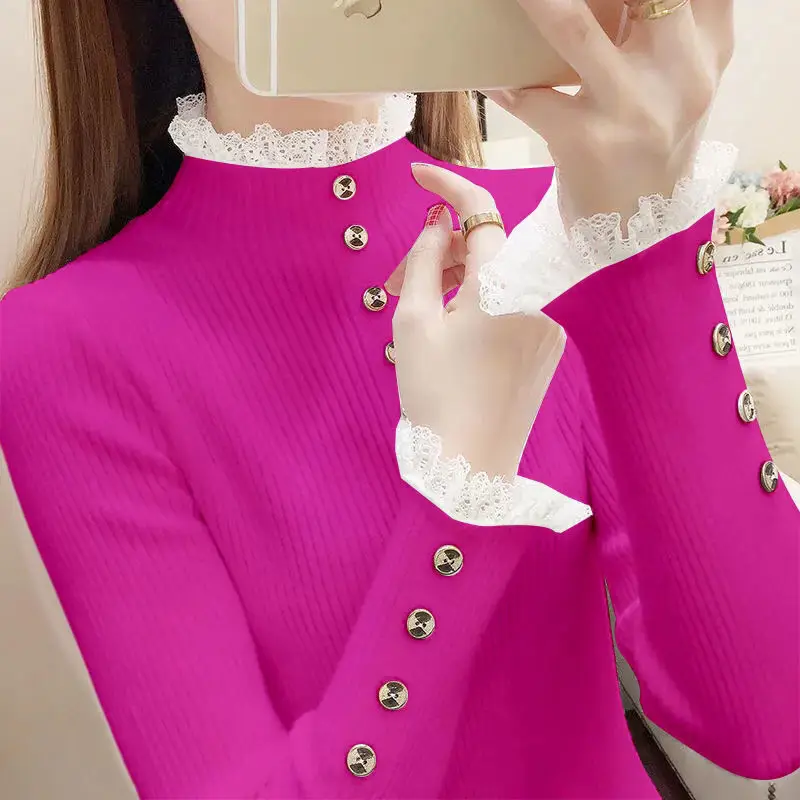 

Stylish Half High Collar Knitted Button Spliced Loose Lace Sweater Women's Clothing Autumn New Casual Pullovers Warm Tops