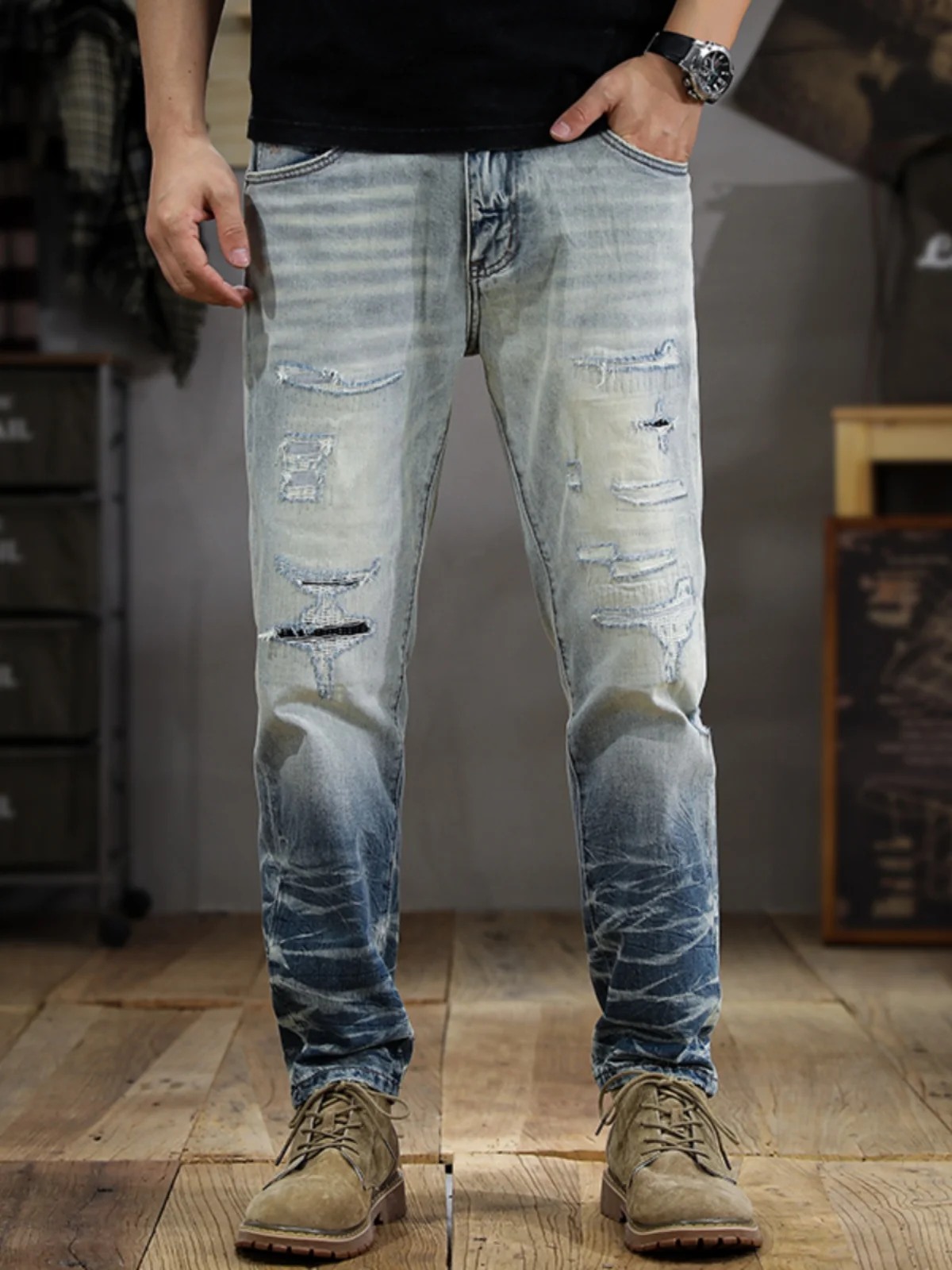 

High-End Trendy Brand Men's Jeans Patched Hole adual Color Straight Leg Slim Fit Nine-Piece Jeans Spring Autumn New Waed