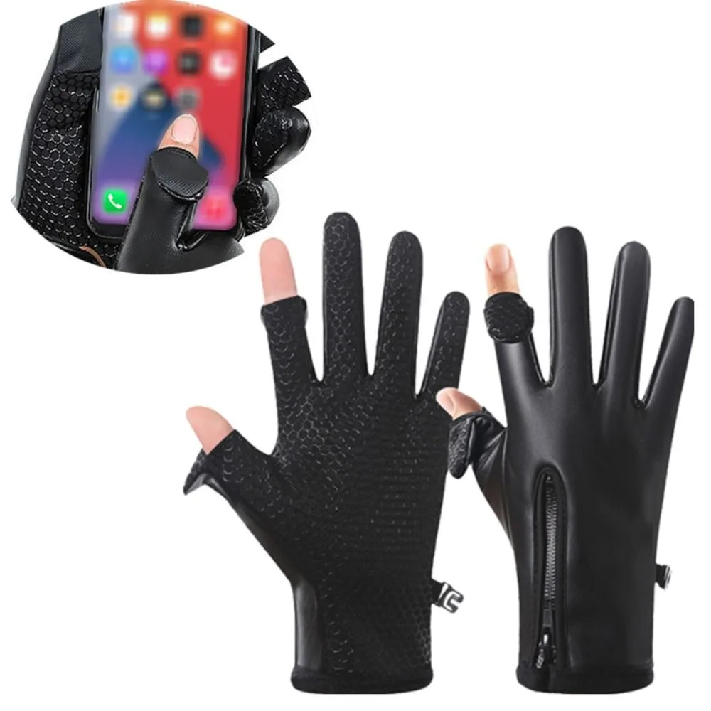 

Warm Gloves PU Leather Men's Winter Gloves Waterproof with Zipper Fishing Gloves Non-slip Touchscreen Gloves Outdoor