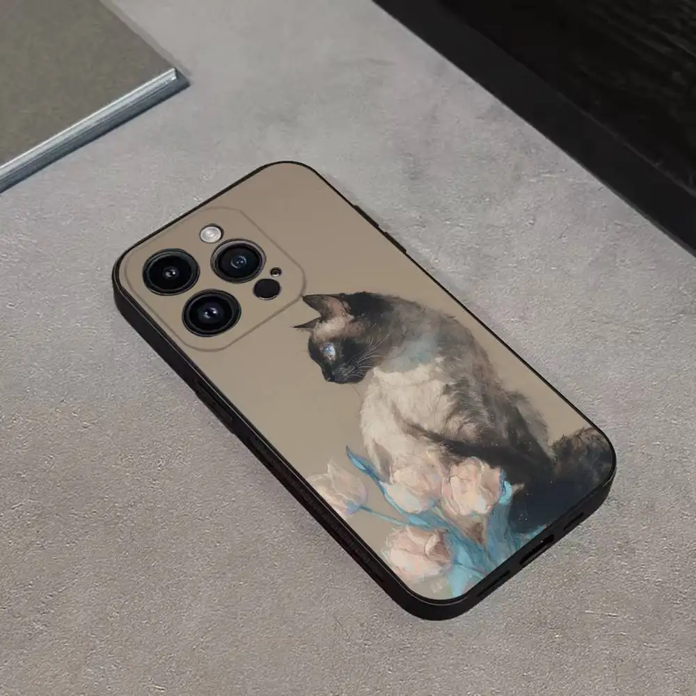 حافظة هاتف لطيفة على شكل قطط S-سيامية لهاتف آيفون 17,16,15,14,13,12,Pro,Max,Plus,E,SE4,Air,غطاء ناعم أسود صغير #2