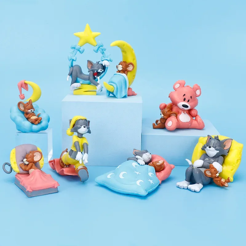 [Funny] 8pcs/lot Disney cute Sleeping Tom and Jerry Action figure toys statue collection model home decoration kids best gift