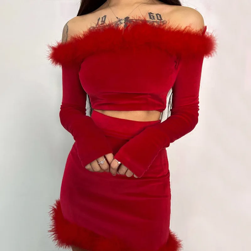 BoozRey Autumn Sexy Velvet Back One-shoulder Mini Skirt Set Women Solid Long Sleeve Top Feathers Skirt Elegant Party Club Wear