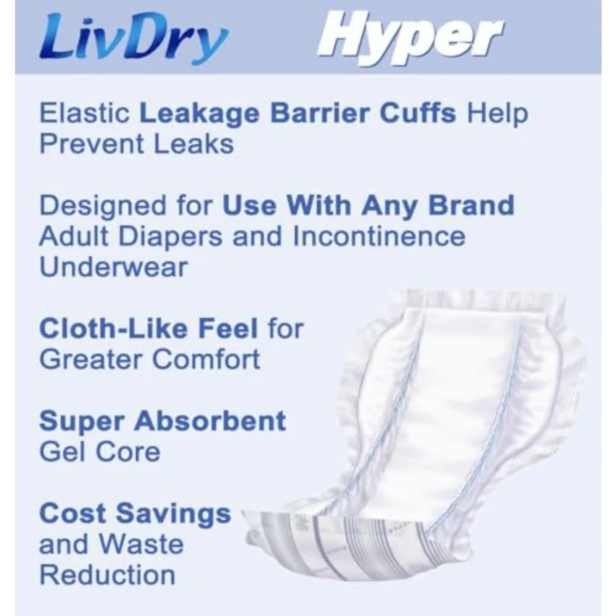 LivDry High Absorbency Pad Insert for Incontinence Briefs and Adult Diapers Women and Men Hyper 2400 18 Count