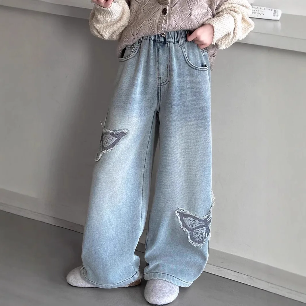 Girls' velvet jeans autumn and winter clothing 2024 new item big children's thick one-piece velvet wide leg pants casual pants