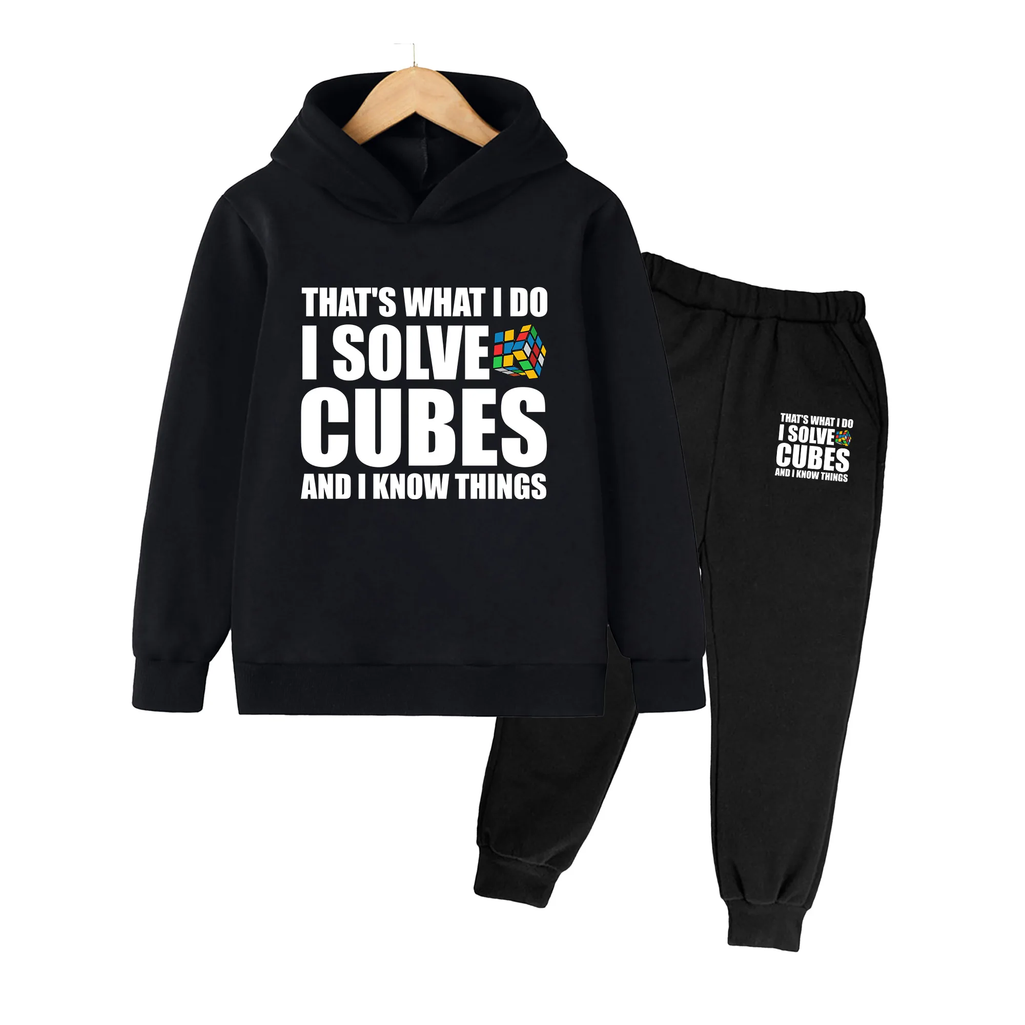 Kids Hoodie and Pants Set, Magic Cube Print Long Sleeve Outfit for Boys Girls, Casual Daily Wear