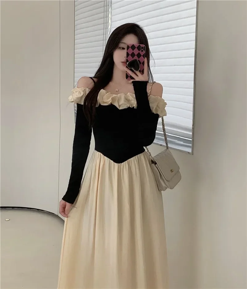 

Women Party Full Dresses Ruffles Long Sleeve Slash Neck Off Shoulder Dresses Sexy Boho Beach Maxi Dress Y2k Summer Vestido