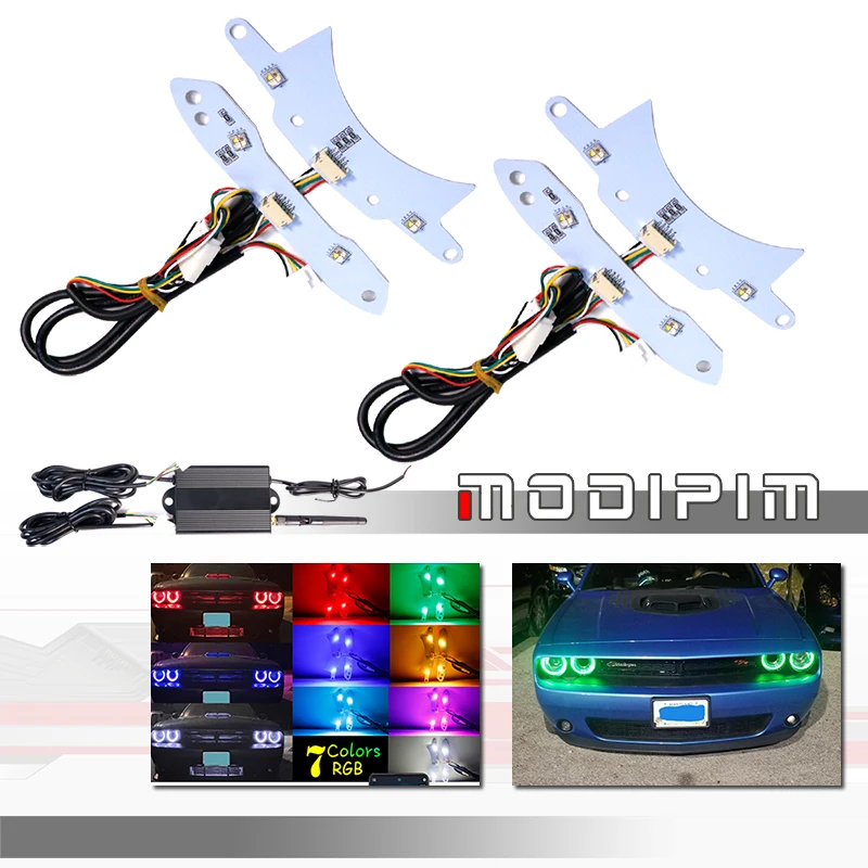 Bluetooth APP Remote Control MultiColor RGBW LED Headlight DRL Circuit Board Halo Rings Light Kit For Dodge Challenger 2015-2018