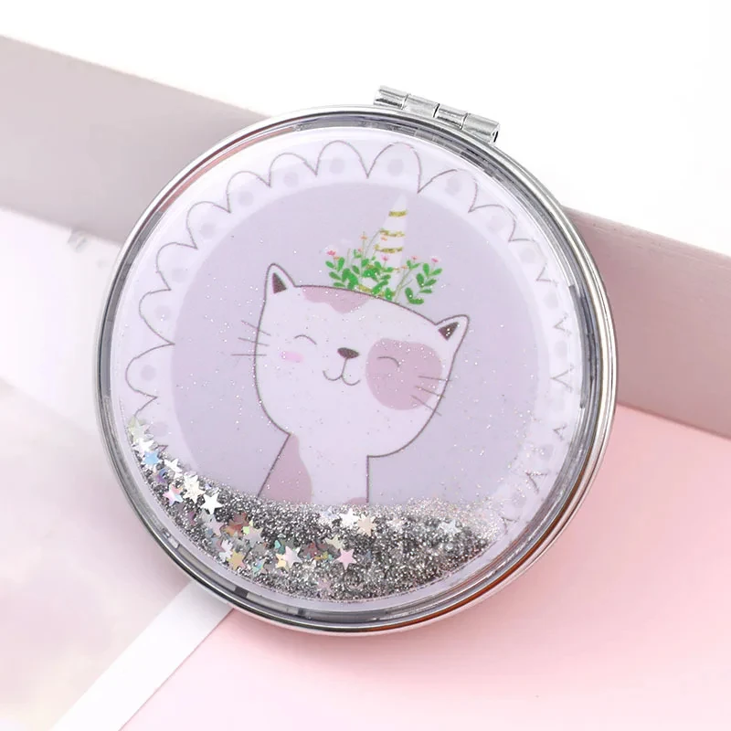 Creative Quicksand Round Makeup Mirror Portable Small Double-Sided Folding Cosmetic Mirror Cartoon Mirror Compact Pocket Mirrors