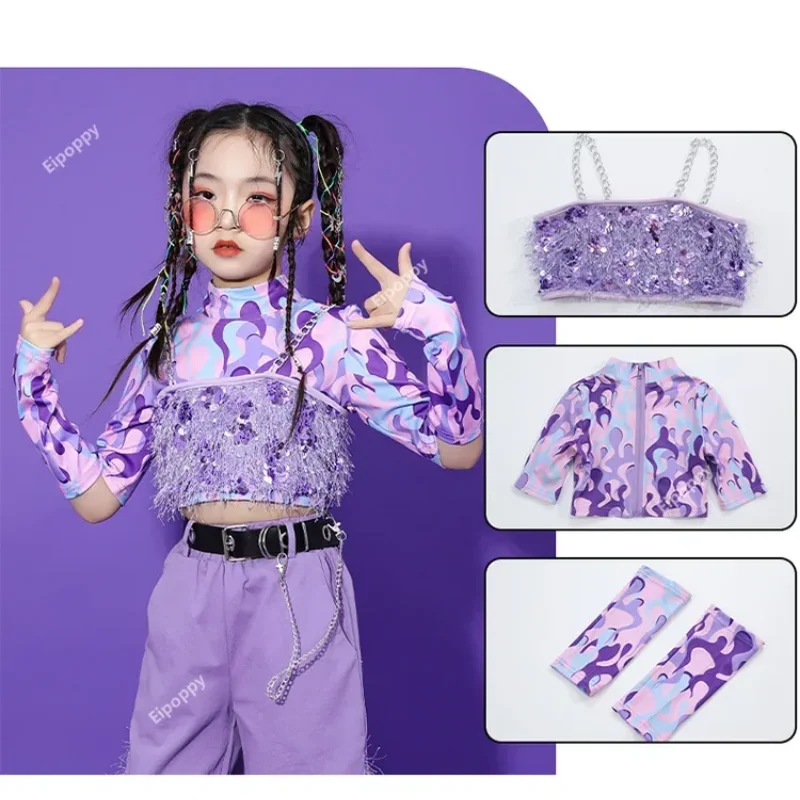 女の子のためのスパンコールジャズダンスパフォーマンスコスチューム、子供のための光沢のあるストリートウェア、ステージパフォーマンス、ファッショナブル
