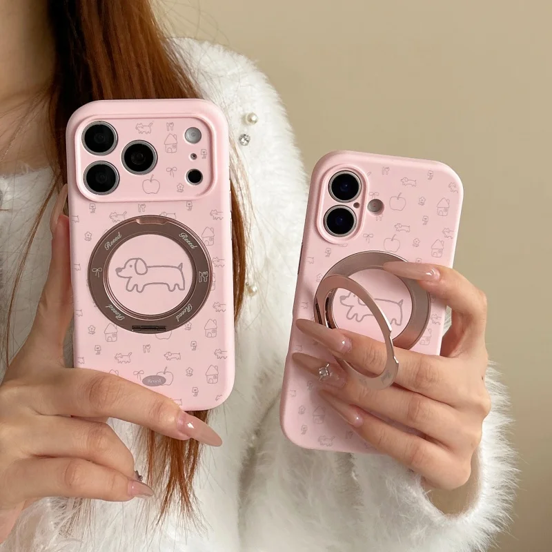 

Cute Cartoon Puppy Liquid Silicone Magnetic Stand Phone Case For iPhone 17 Pro 16 15 14 Pro Max Cover Soft Shockproof Covers Cas