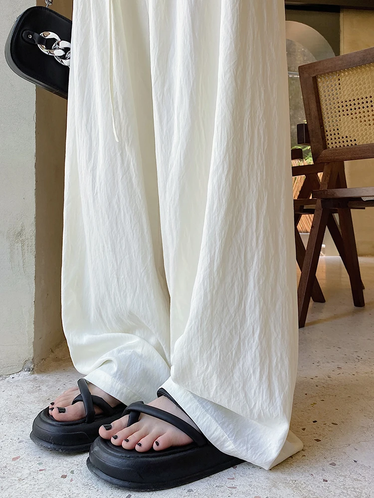 

White Wide Leg Pants Women's Spring Summer Thin Ice Silk Pleated Sun Protection High Waist Casual Floor-Length Pants