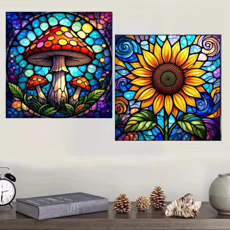 Oil Painting Stained Glass Style Mushroom and Sunflower By Numbers Canvas Art Wall Decor for Living Room Bedroom Gift Unframed