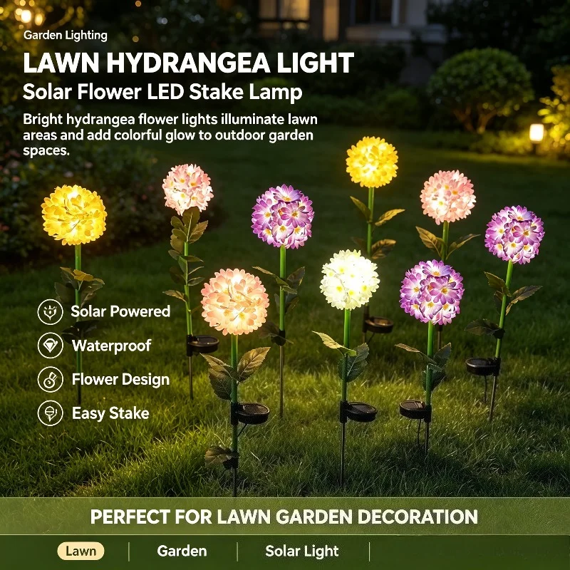 Solar Hydrangea Garden Stake, Layered Petal Clusters and Green Leaves for Courtyard Path Accents
