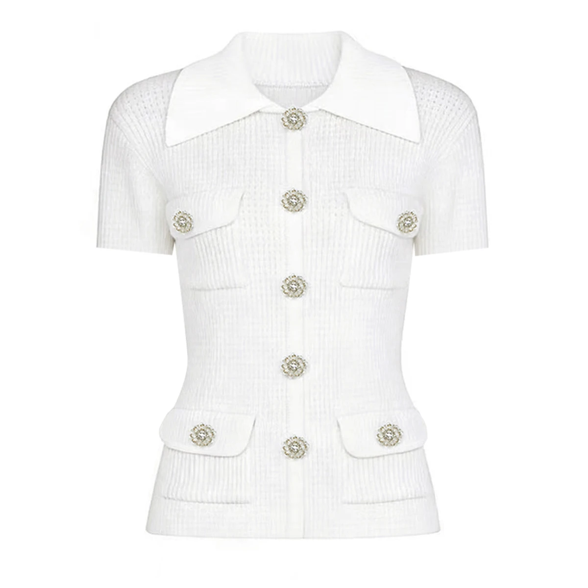 

26101 Summer New Fashionable Collar Popular Heavy Duty Diamond Buckle Knitted Hollow Short Sleeved T-Shirt Women's Cardigan