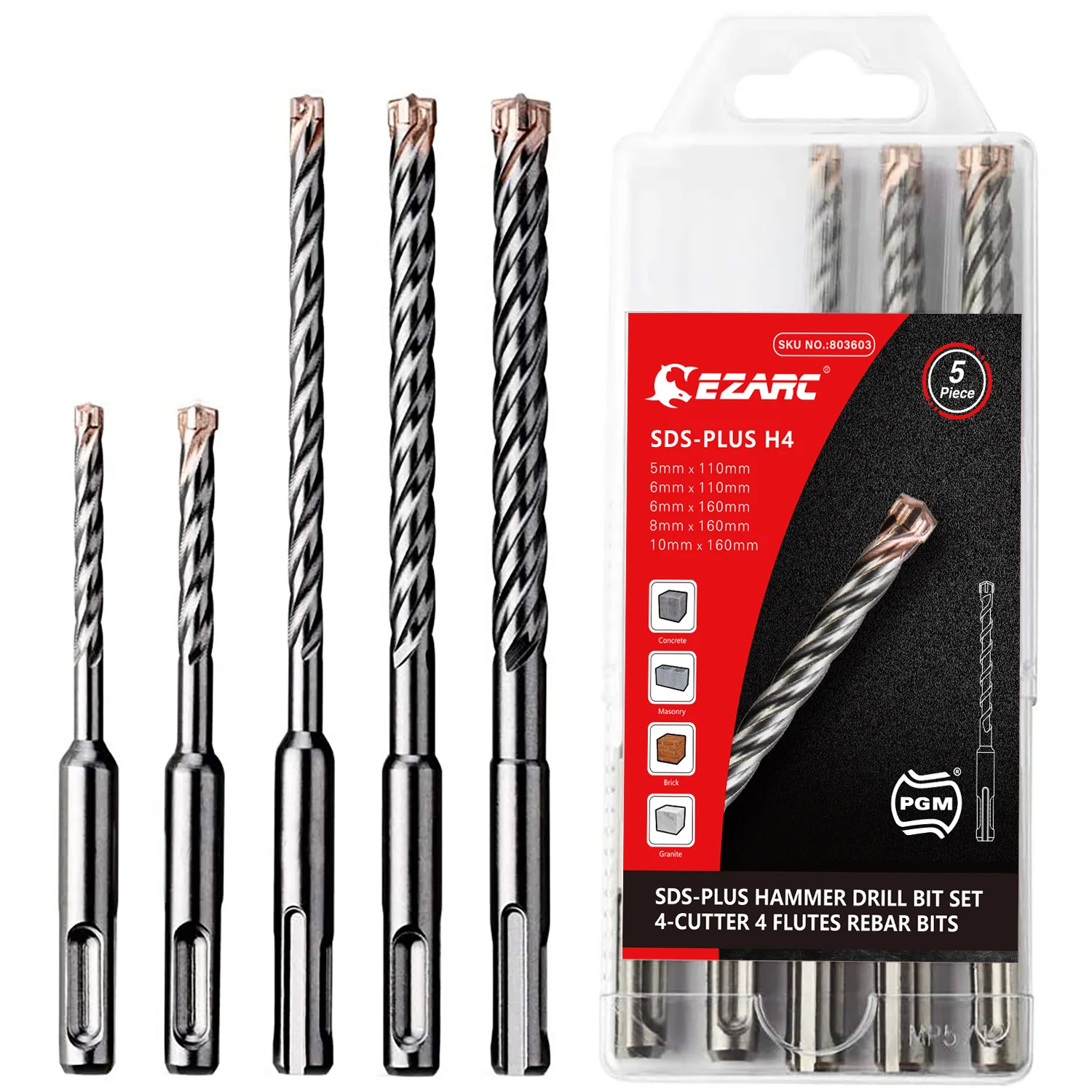 EZARC Masonry Drill Bit 5PC SDS-Plus Hammer Drill Bits 4-Cutter Carbide Tips for Reinforced Concrete, Masonry Marble Brick Tile