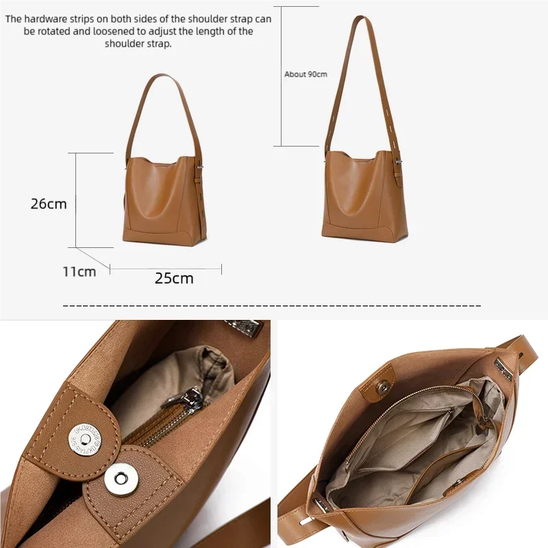 New Women's Cowhide Leather Soft Casual Tote Bag For Girls Large Capacity Commuter Hobo Bucket Shoulder Bag Adjustable Strap