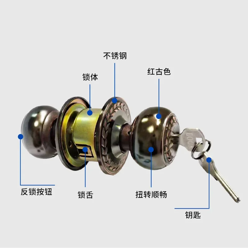 Stainless Round Door Knobs Rotation Lock Knobset Handle with Key for Bedrooms Bathrooms Utility Room Hardware Accessories