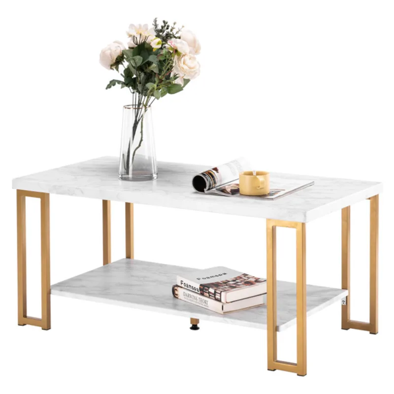 Double Layer Square Frame Leg Coffee Table  Rectangular  Density  Board  Iron  Imitation  Marble  White  Tabletop  Gold  Paint