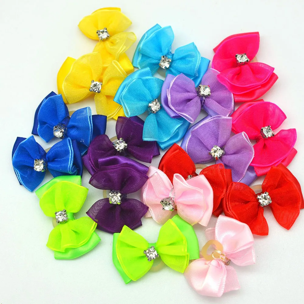 50/100pcs Handmade Pet Dog Hair Bows Rhinestone Variety Lace Ribbon Dog Bow Dogs Grooming Bows Accessories Pet Hair Supplies