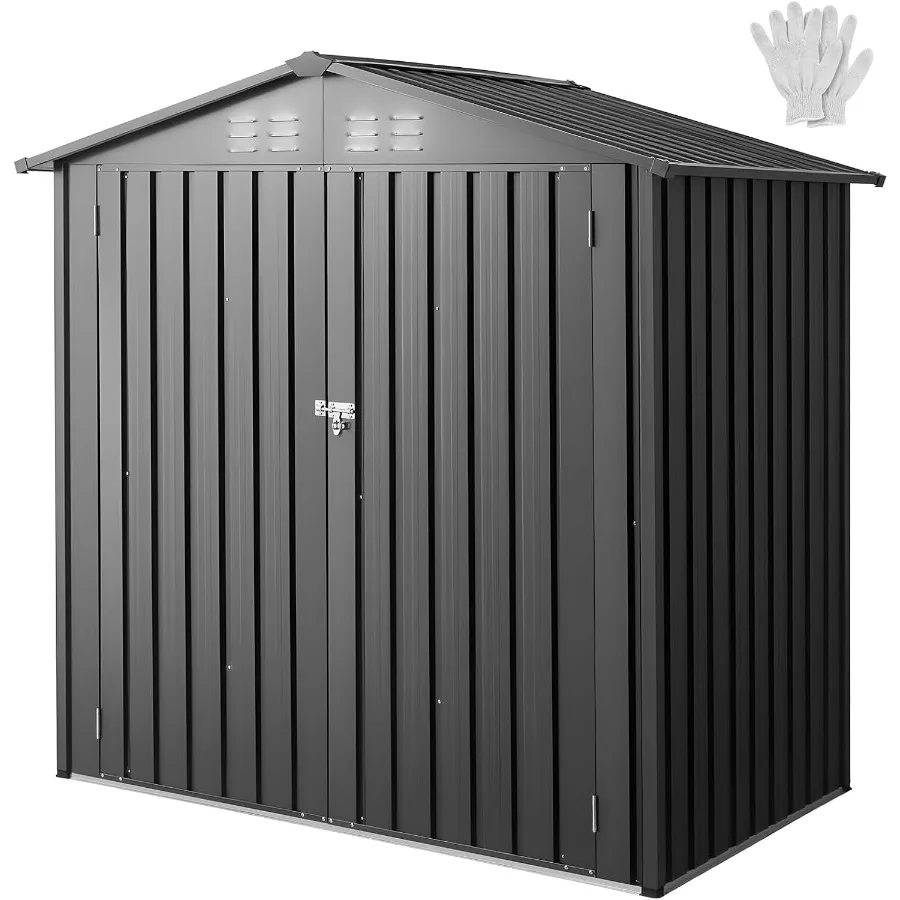 6 x 4 FT outdoor storage shed for backyard, garden, patio, bike; gray metal with peak roof, lockable doors 4 louver vents