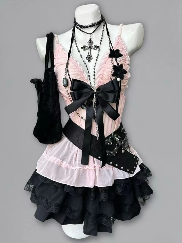 Summer Vintage Subculture Design Spicy Girls Suit Sweet Dark Hepburn Bow Pink Sling + Black Cardigan Short Skirt 3-piece Set view 2