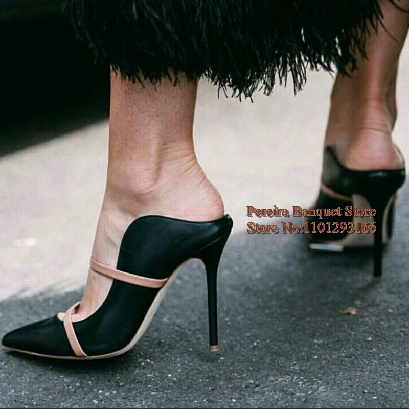 الذهب حزام أشار تو عالية الكعب البغال أسود أخضر وردي الساتان أشار تو الانزلاق على النساء الصنادل الحديثة مأدبة فستان الأحذية