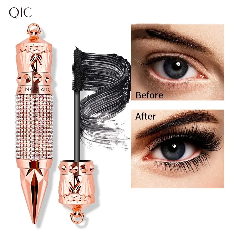 Mascara Waterproof Smudge Proof Elongate Eyelashes Makeup Tool, Natural Thick Curling, Rhinestone Decorative Shell