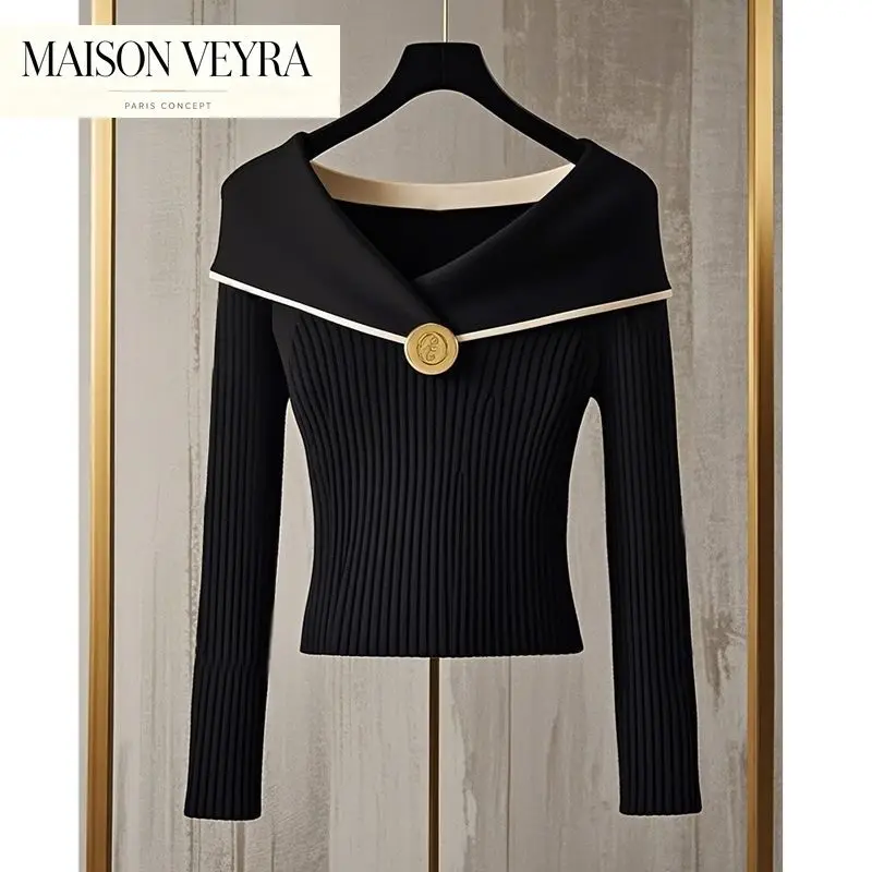 Chic High-end Knitted Sweater Women Autumn Winter Coat Y2k Pullover Slim Long Sleeve Design Tops Short Outerwear Jumper New
