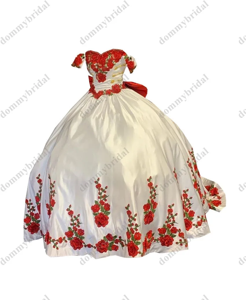 Vestido de baile rojo y blanco Popular de satén con hombros descubiertos Para princesas, vestido de quinceañera, vestido de fiesta de México, Chea 15 y 16