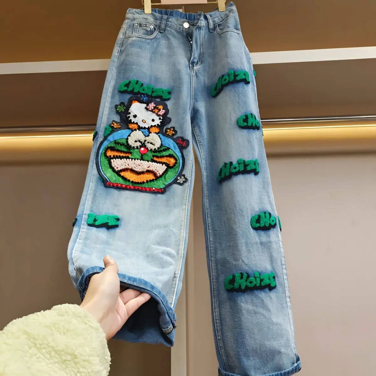 Sanrio Cute Cartoon Hello Kitty Fashion Jeans Women New Autumn High Waist Loose Straight Pants Slim Elastic Waist Wide Leg Pants