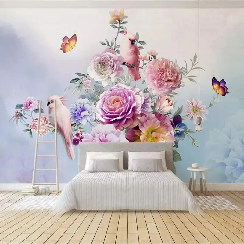 

beibehang Custom wallpaper 3d photo mural hand-painted vintage rose parrot sofa background wall papers home decor 3d wallpaper