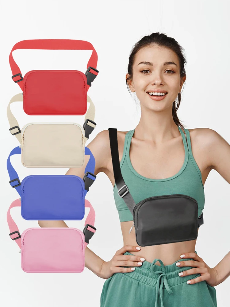 Nylon impermeável Fanny Pack para mulheres, Bolsa Crossbody simples, Monocromática, Compacta, Portátil, Ao ar livre, Caminhada, Correndo, Zíper, Moda