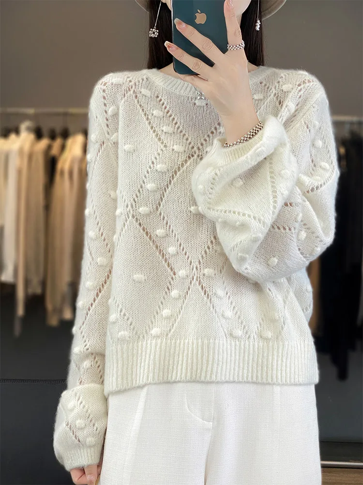 

Light Luxury 100% Merino Wool Women Sweater Autumn Winter Hollow Out Knitted Pullover Long Sleeve Clothing Tops Fashion Jumper