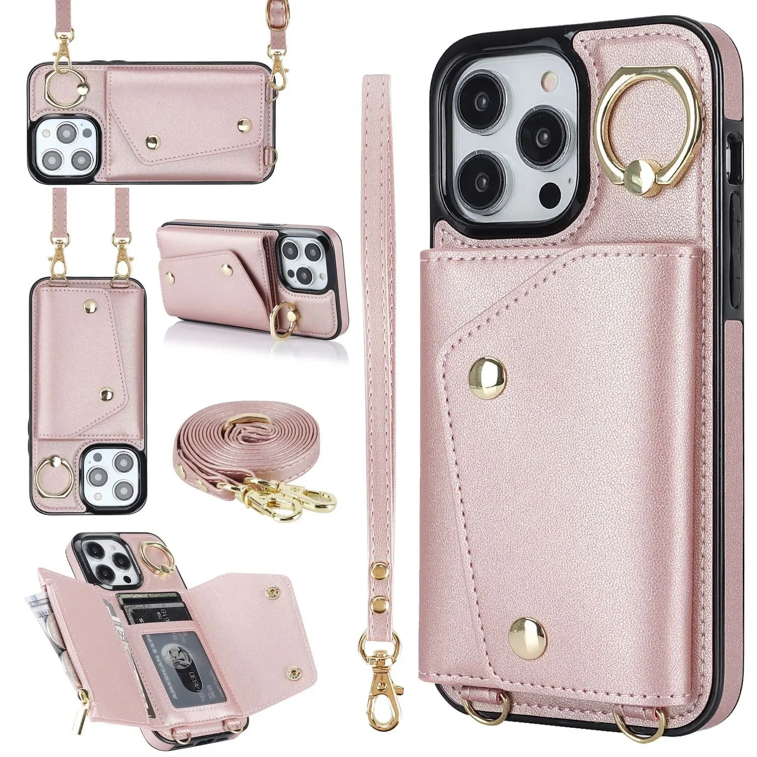 

The New Model Is Suitable for iPhone 14 Zippered Wallet Phone Case 13promax Ring Card 12pro 11 Crossbody Xsmax Xr Leather Cover