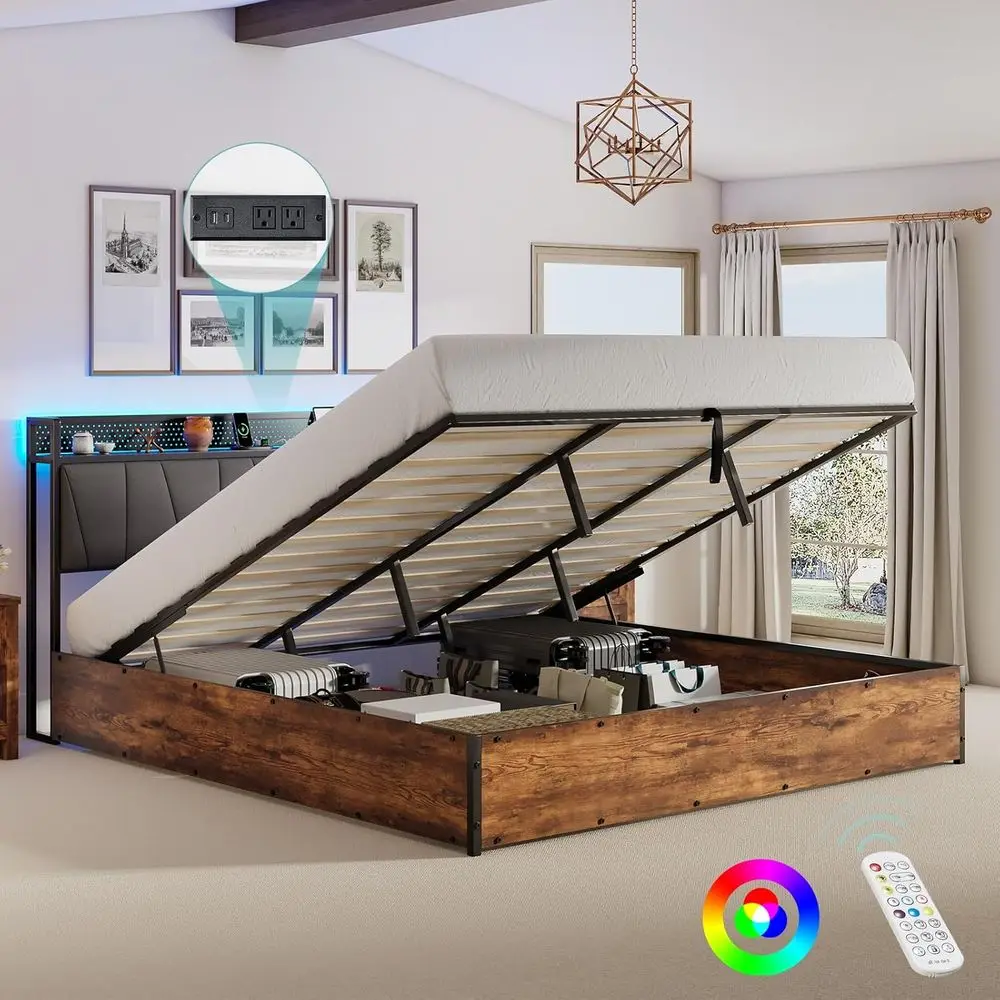 إطار سرير تخزين بحجم كينج مع إضاءة LED ولوح رأسي من الكتان المنجد يتميز بمحطة شحن وإضاءة LED خشبية Pla