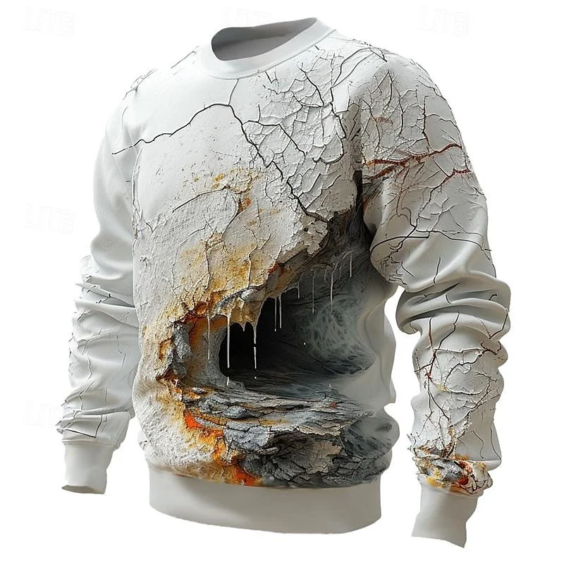 3D Printed Cave Hoodie For Men Fissure Graphic Pullover Casual Streetwear Round Neck Sweatshirt Hoodies Oversized Long Sleeves