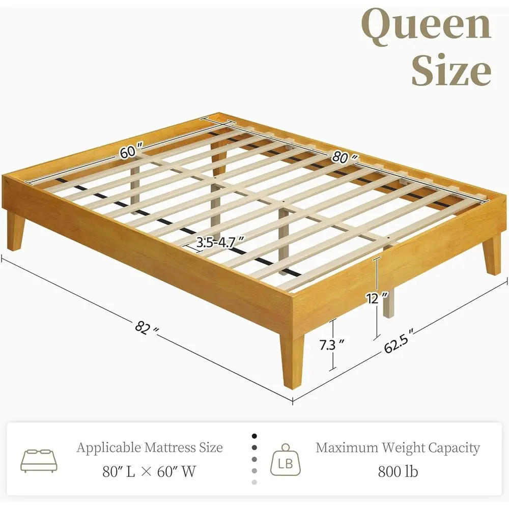 Queen Size Solid Wood Platorm Bed e Low-Proile Natural Wood | Sturdy rubberwood e with 12 plywood slats oers solid support, asse