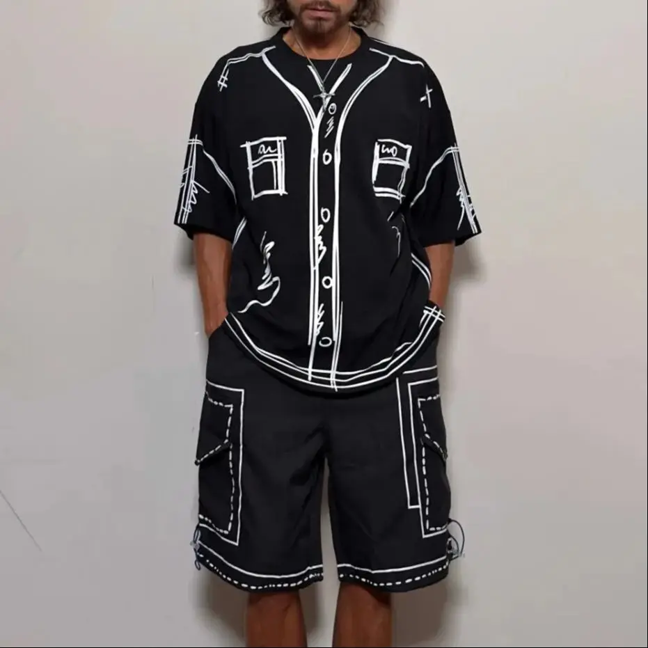 Conjunto de 2 piezas de verano para hombre, pantalones cortos y camisetas divertidas pintadas a mano, ropa de calle de Hip Hop, disfraz para niño, trajes de gran tamaño para hombre, negro