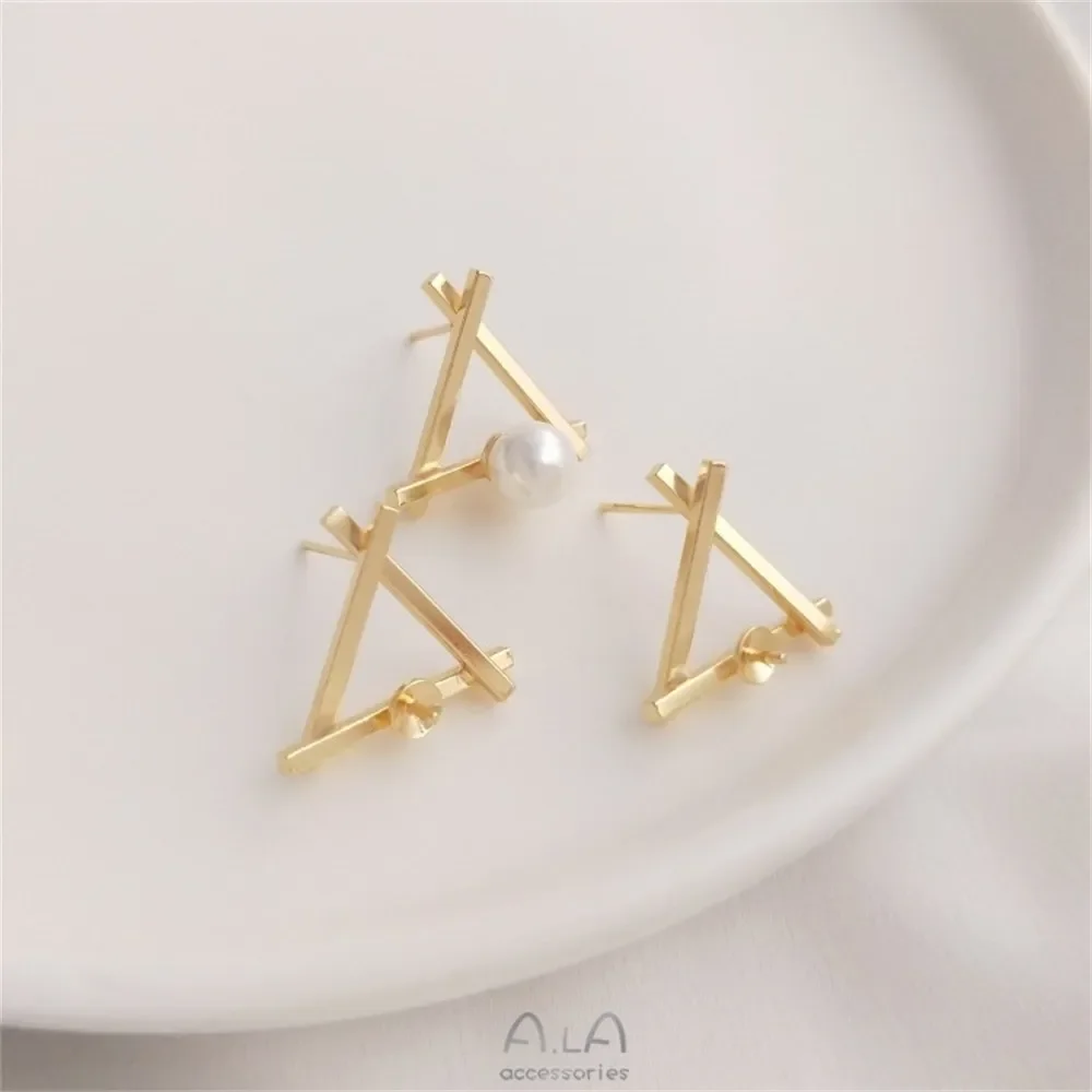 

14K Gold-plated Geometric Triangular Frame Half-hole Beaded Earrings 925 Silver Needle Handmade Diy Sticky Pearl Earrings E199