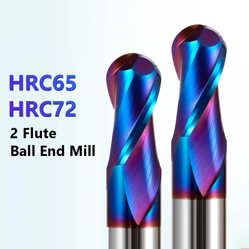 Mata Bor Ball Nose HRC65 1-20mm Shank 2 Flute CNC Router Bit Nano Blue Coated Carbide Milling Cutter Untuk Peralatan Logam