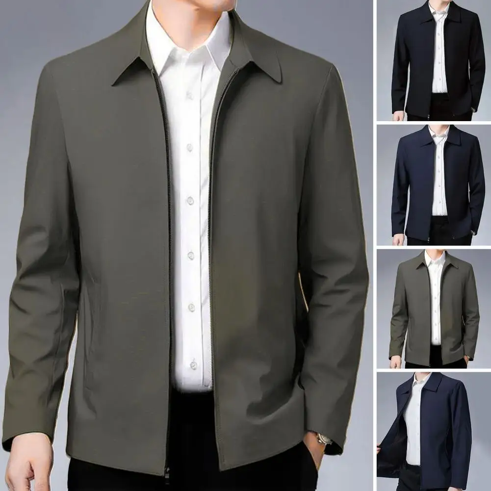 

Men Spring Jacket Elegant Mid-aged Men's Lapel Jacket with Zipper Closure Pockets for Formal Business Casual Daily Wear