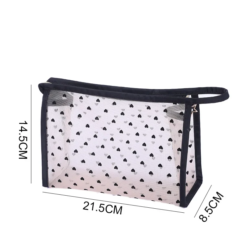 Mesh Cosmetic Makeup Bags Case Holder Cute Transparent Zipper Black Heart Printed Pencil Pen Case Pouch Convenient To Carry