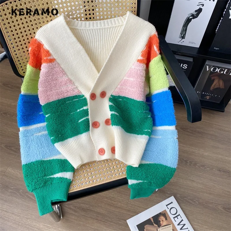 Women Casual Sweet Rainbow Striped Knitting Long Sleeve Cardigans 2023 Winter Korean Fashion Casual V-Neck Kawaii Sweater