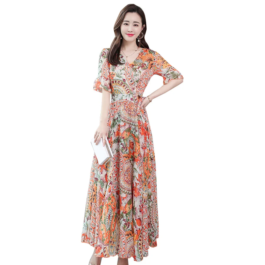 2024 Elegante Bloemen Chiffon Boho Maxi Jurk Zomer Vintage Print Casual Strand Midi Zonnejurk Vrouwen Bodycon Feest Avond Vestidos