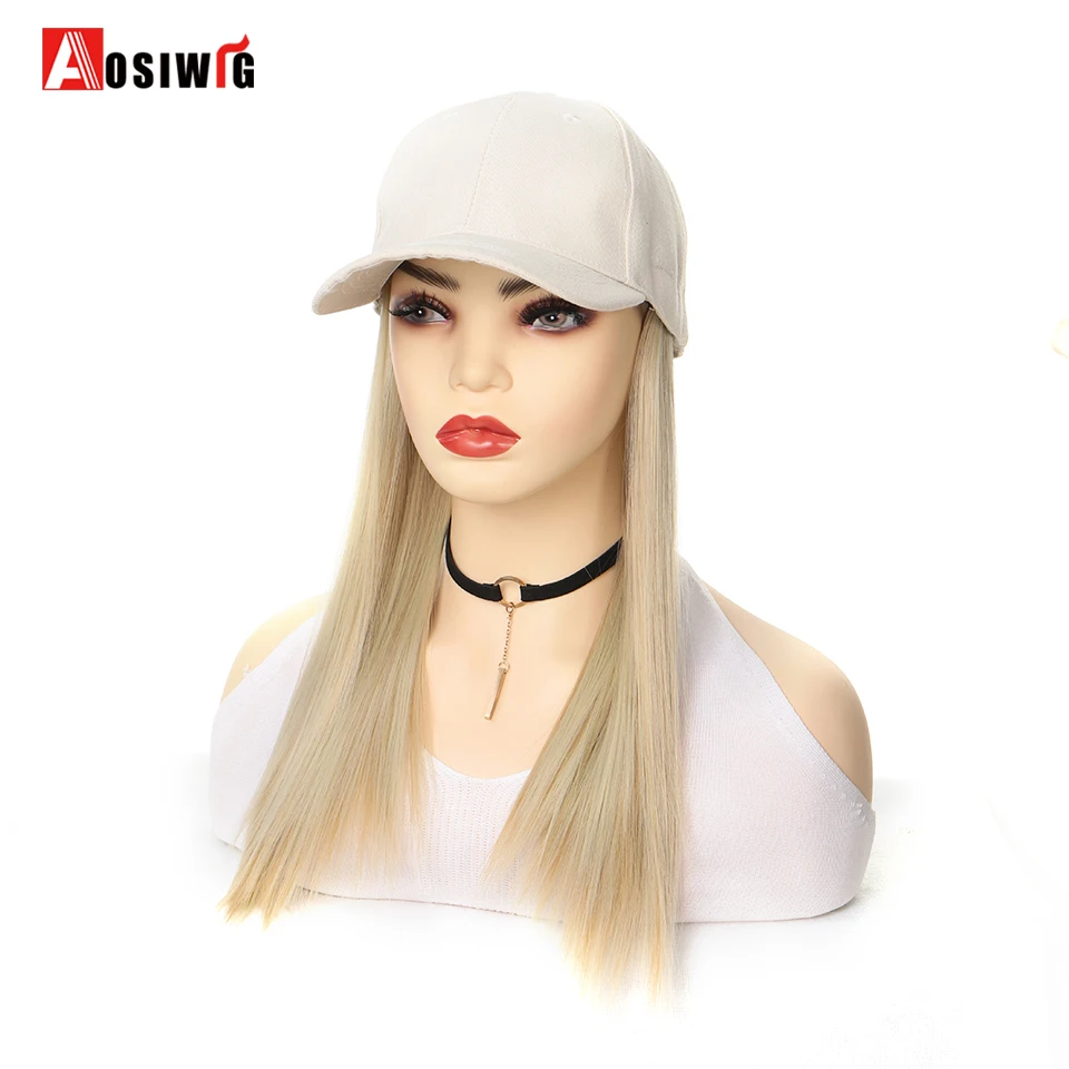 AOSI Fashion Off White Baseball Cap With Wig One Piece Women Summer Synthetic Long Straight Hair Adjustable Hat Wig
